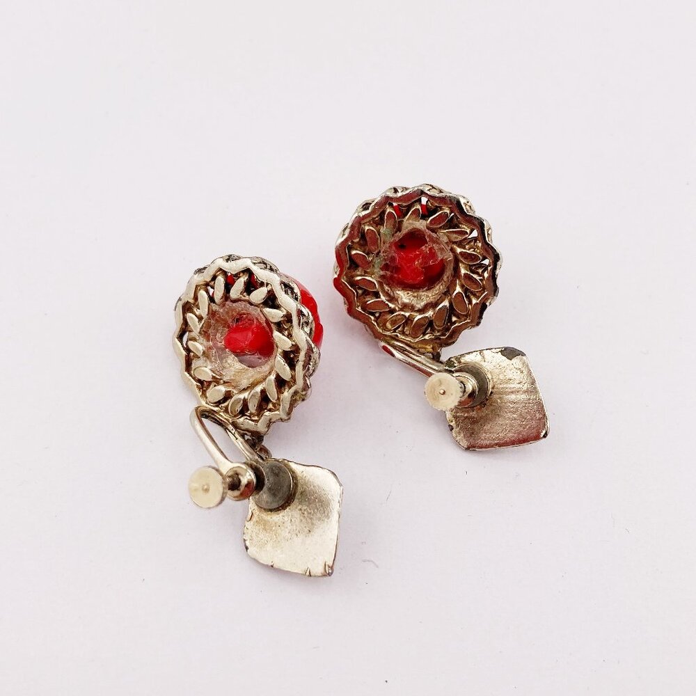 VINTAGE Red plastic rose and silver tone metal choker necklace & earring set - Picture 15 of 15